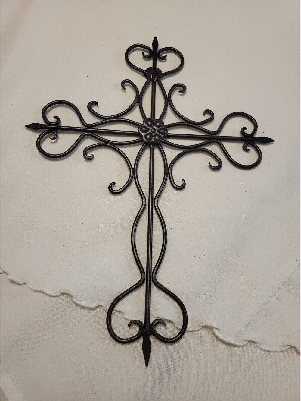 Decorative Black Metal Wall Cross with Ornate Scrollwork 14x10.5
